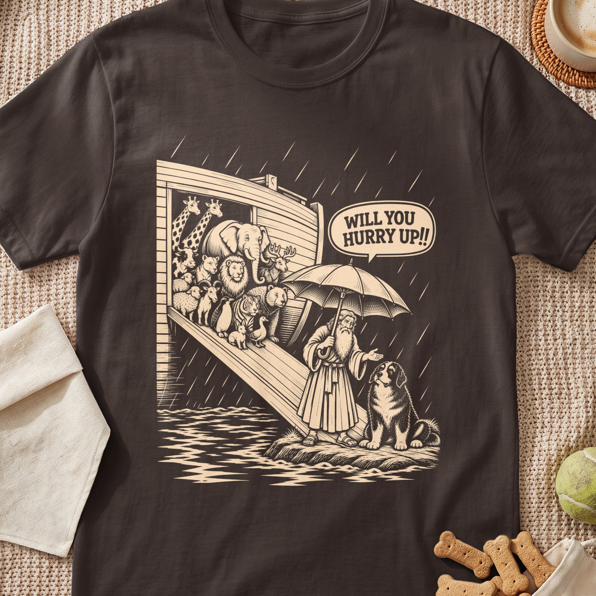 Noah's Ark with animals, man with umbrella, and dog. "Will you hurry up?!"