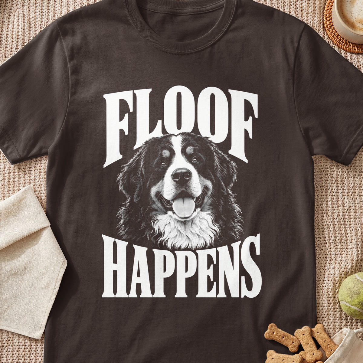 Bernese Mountain Dog with text "FLOOF HAPPENS" on a dark brown t-shirt.