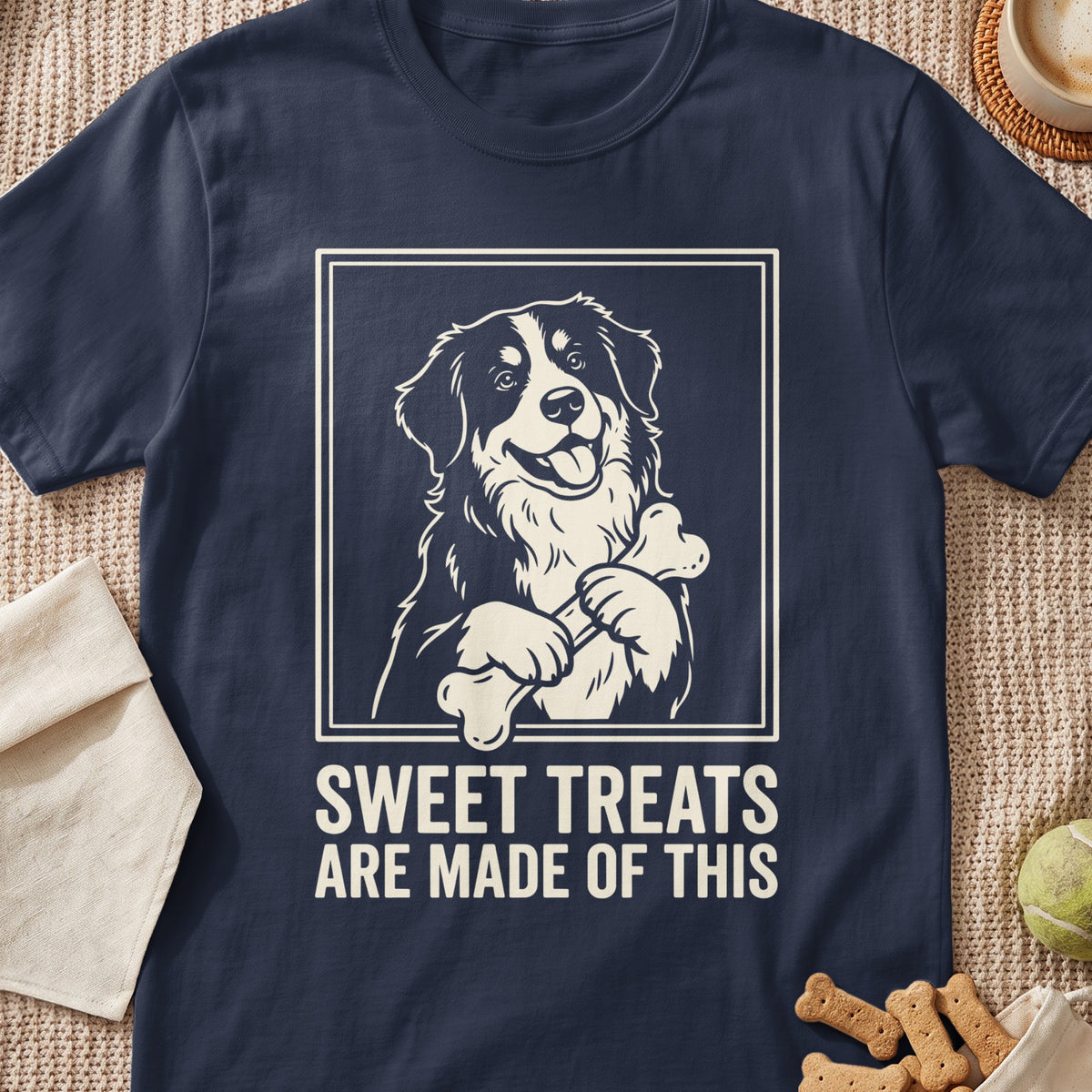Bernese Mountain Dog illustration with bone and text "SWEET TREATS ARE MADE OF THIS".