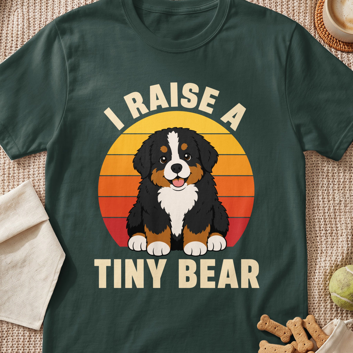Bernese Mountain Dog puppy with "I Raise a Tiny Bear" text over sunset graphic.