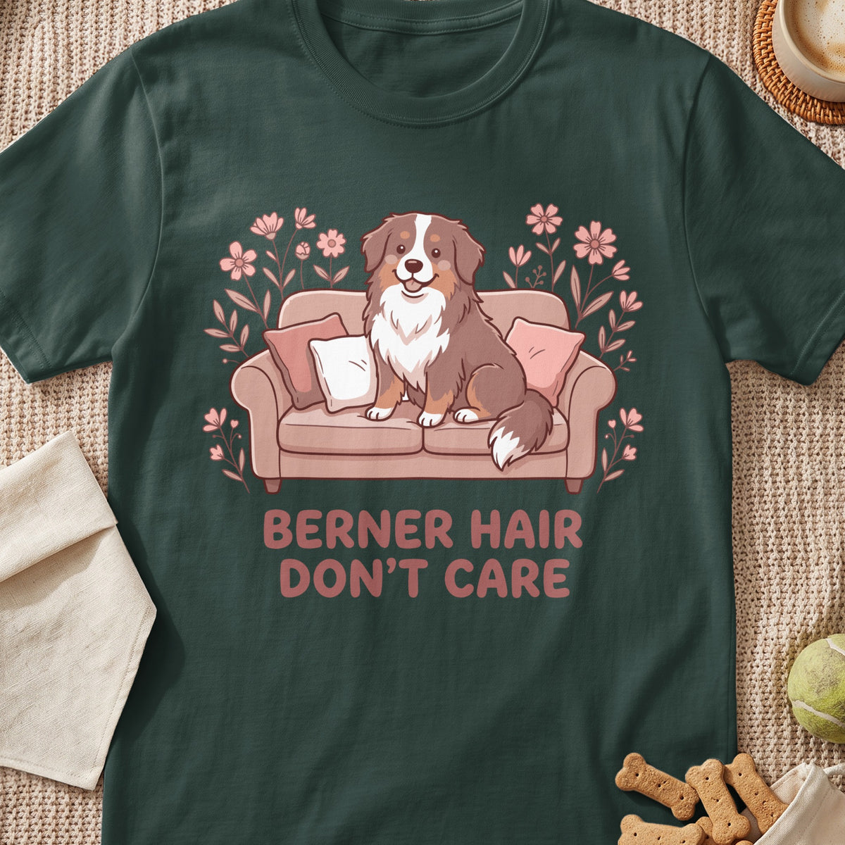 Brown dog on couch with pink flowers and text "BERNER HAIR DON'T CARE".