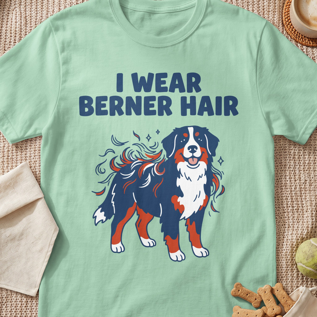 Light green t-shirt with "I WEAR BERNER HAIR" text and cartoon Bernese Mountain Dog.
