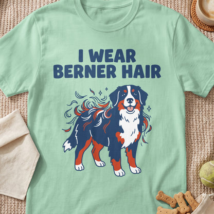 Light green t-shirt with "I WEAR BERNER HAIR" text and cartoon Bernese Mountain Dog.