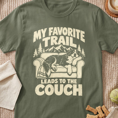 Bernese Mountain Dog sleeping on a couch with text "My Favorite Trail Leads to the Couch".