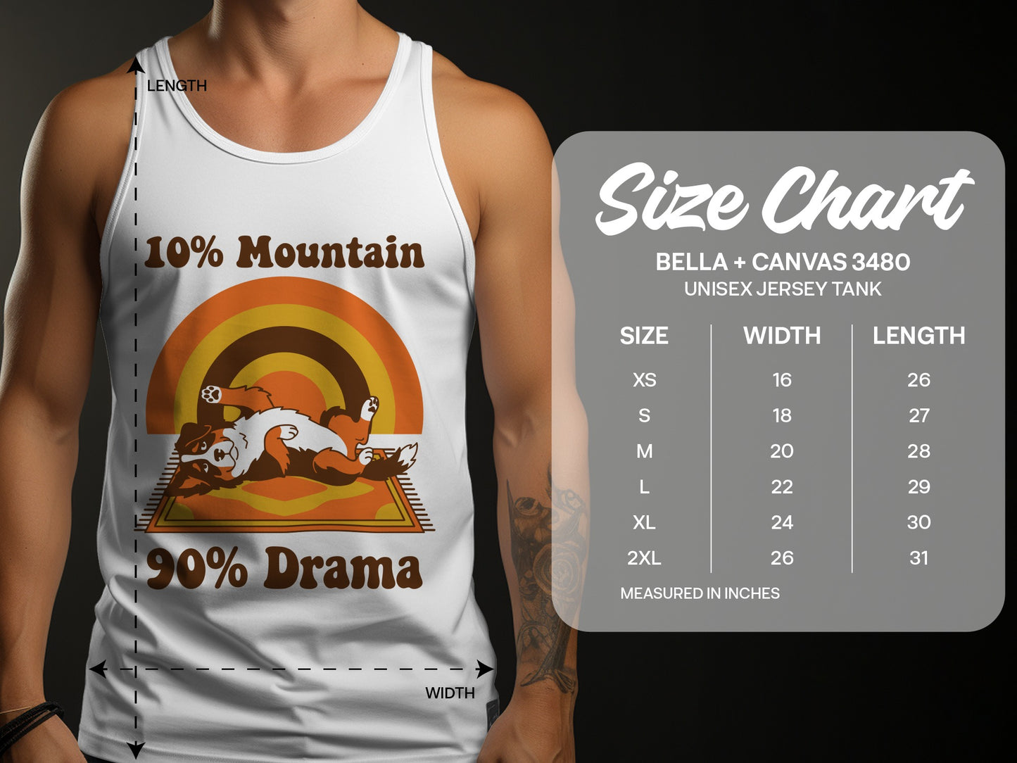 White tank top with "10% Mountain 90% Drama" graphic and size chart.