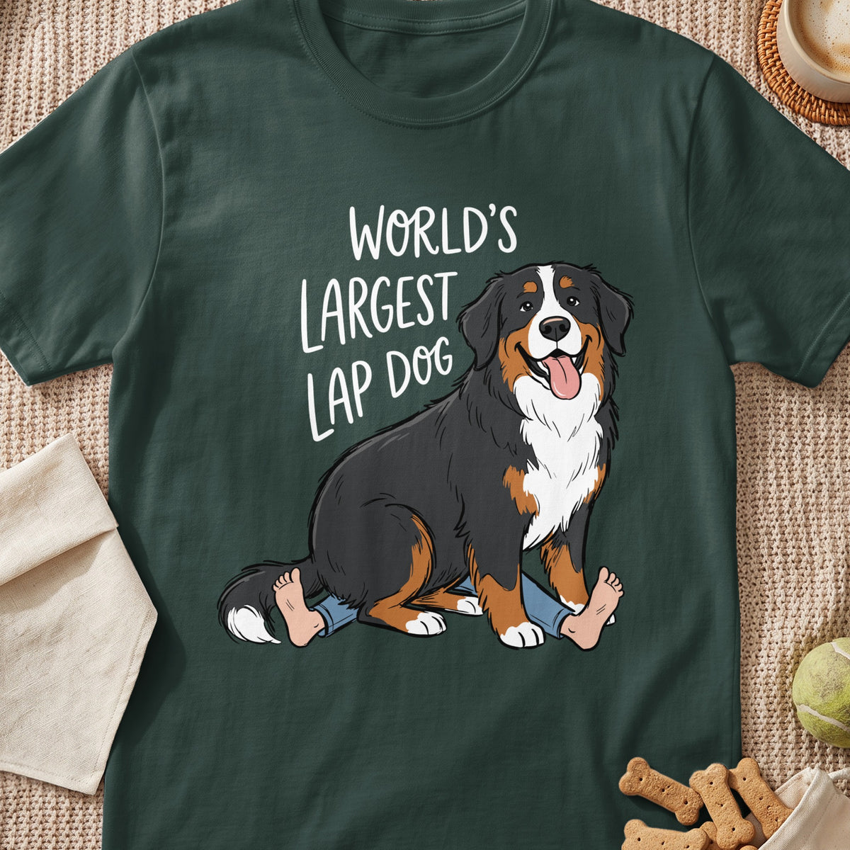 Bernese Mountain Dog with text "WORLD'S LARGEST LAP DOG".