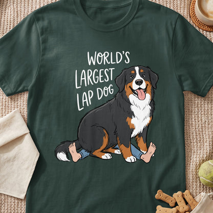 Bernese Mountain Dog with text "WORLD'S LARGEST LAP DOG".