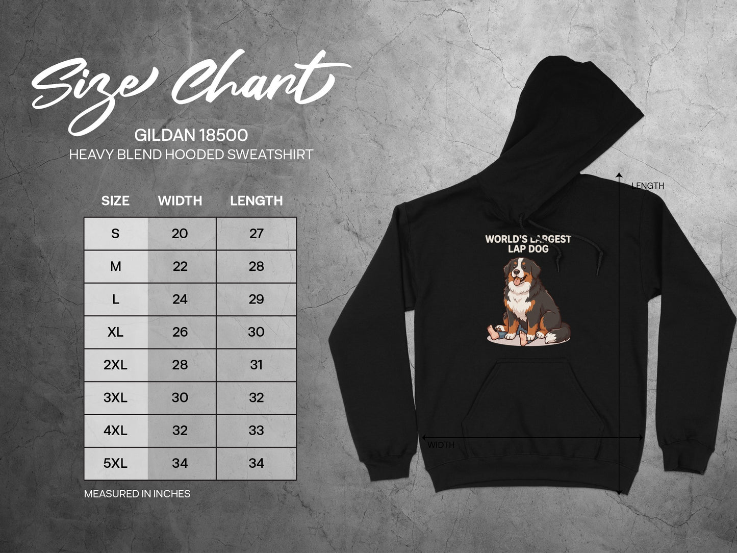 Gildan 18500 Heavy Blend sweatshirt size chart in inches with dog graphic.