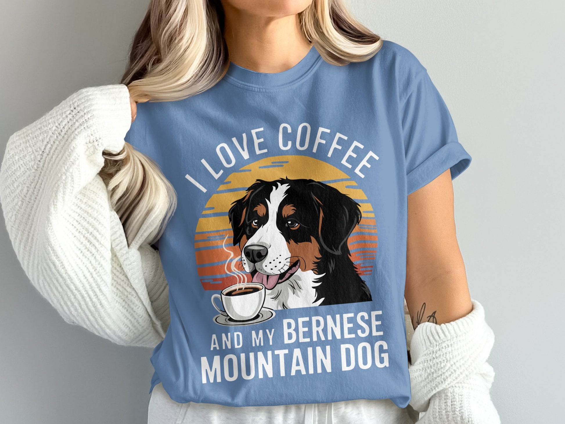 Bernese Mountain Dog and coffee graphic with text "I LOVE COFFEE AND MY BERNESE MOUNTAIN DOG".