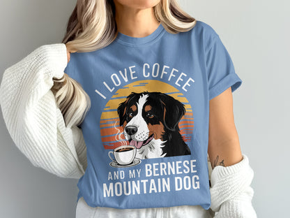 Bernese Mountain Dog and coffee graphic with text "I LOVE COFFEE AND MY BERNESE MOUNTAIN DOG".