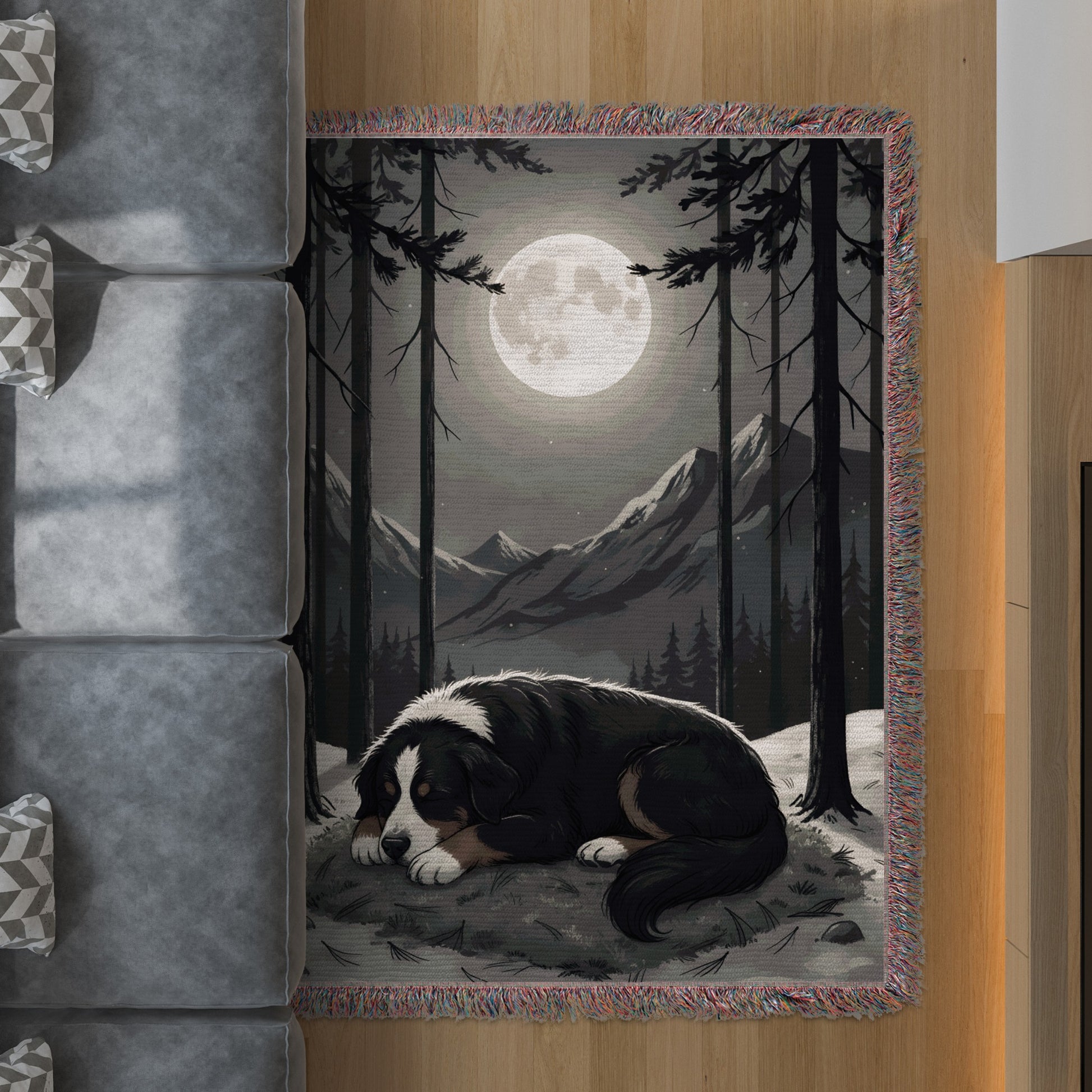 Peaceful Night Forest Dog Moonlight Scene Rug