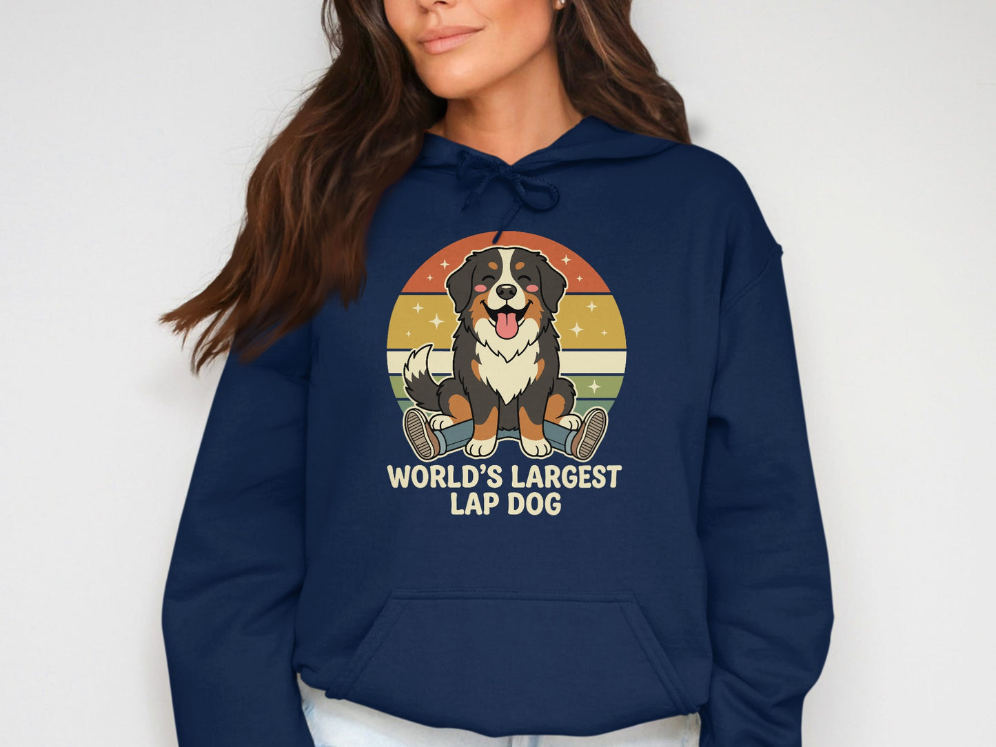 Bernese Mountain Dog design with text "WORLD'S LARGEST LAP DOG".