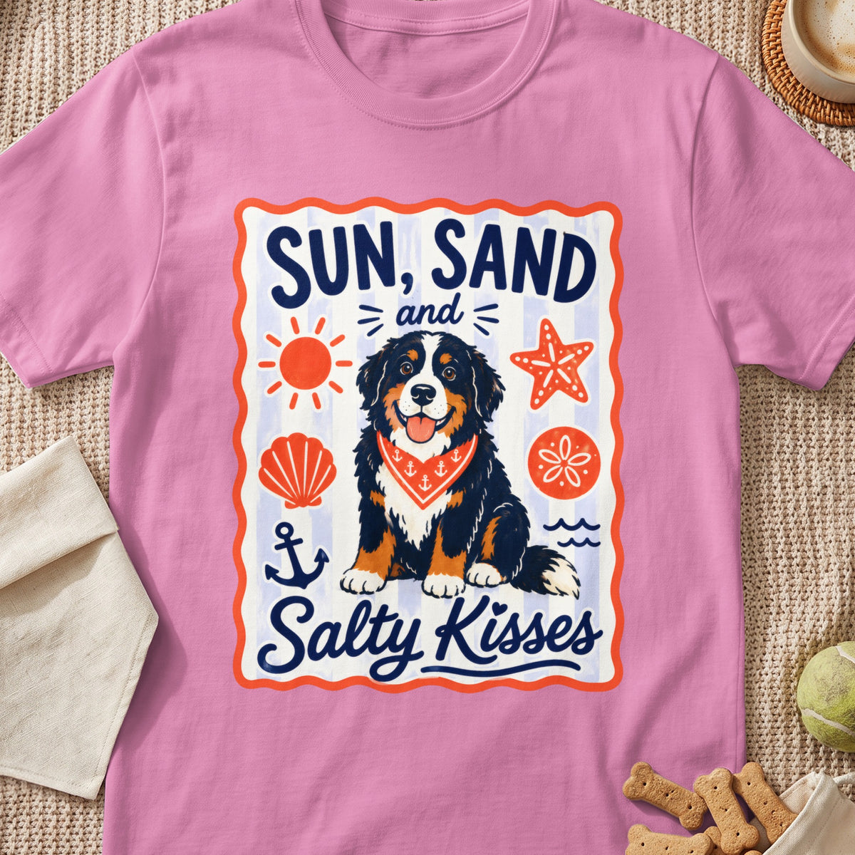 Bernese Mountain Dog wearing bandana with text "Sun, Sand and Salty Kisses".