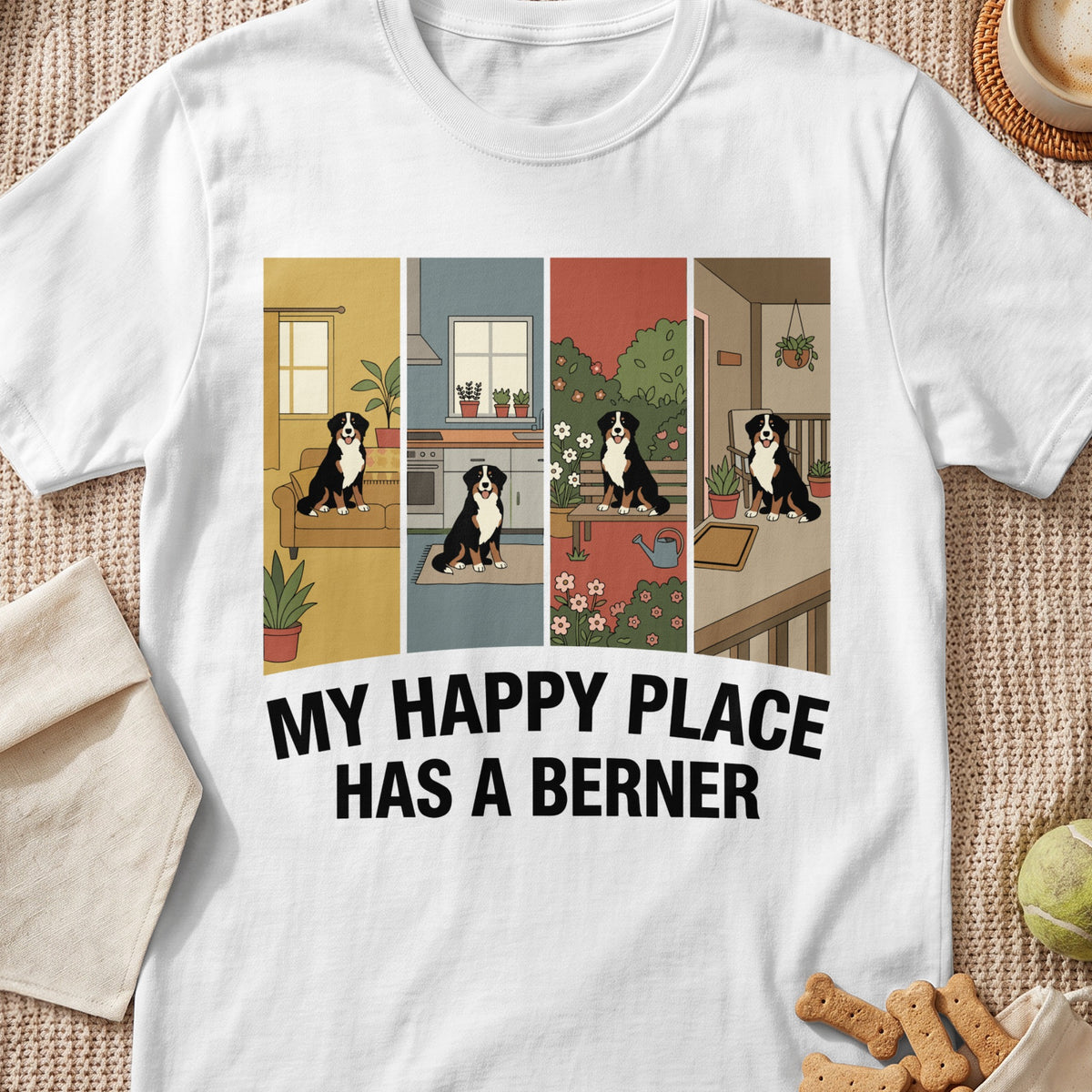 Four scenes with a Bernese Mountain Dog and text "MY HAPPY PLACE HAS A BERNER".