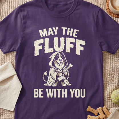 Purple t-shirt with dog wearing a robe holding a bone, text "May the FLUFF be with YOU".