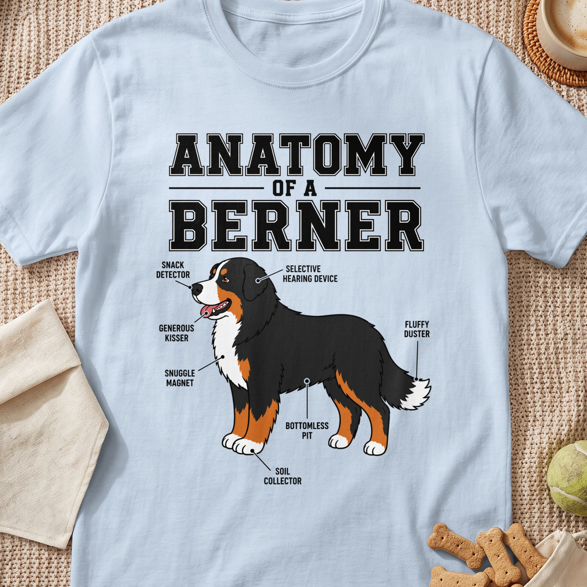 Light blue t-shirt with "Anatomy of a Berner" and labeled Bernese Mountain Dog illustration.