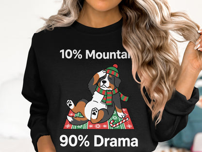Bernese Mountain Dog wearing a scarf and hat with "10% Mountain 90% Drama" text.