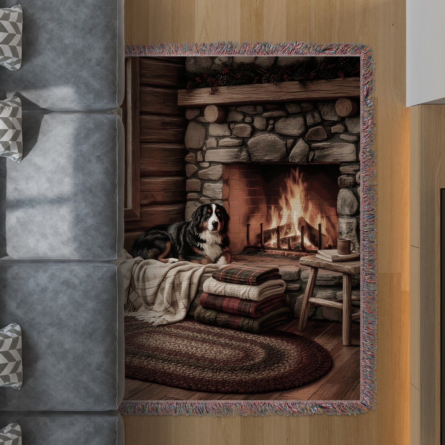 Cozy Fireplace Scene with Dog Art Rug