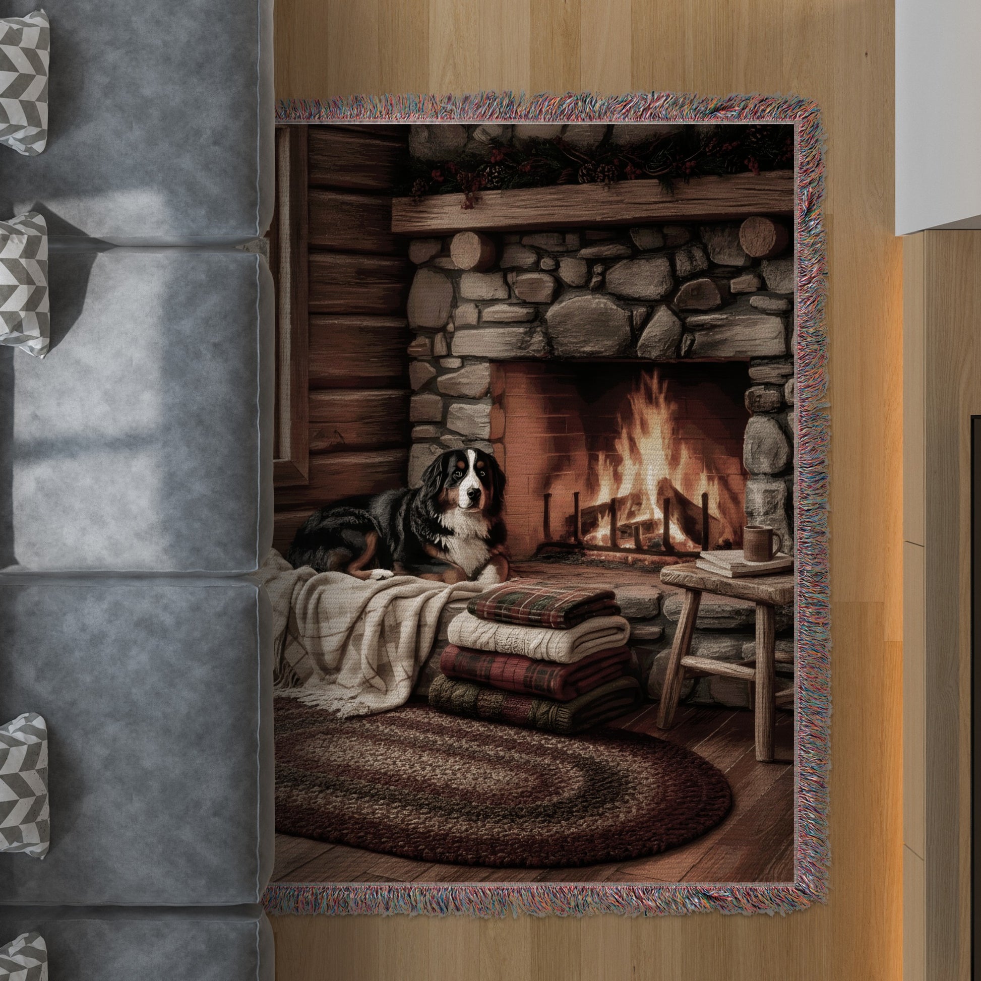 Cozy Fireplace Scene with Dog Art Rug