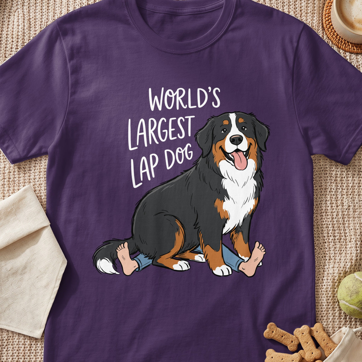 Bernese Mountain Dog with text "World's Largest Lap Dog".