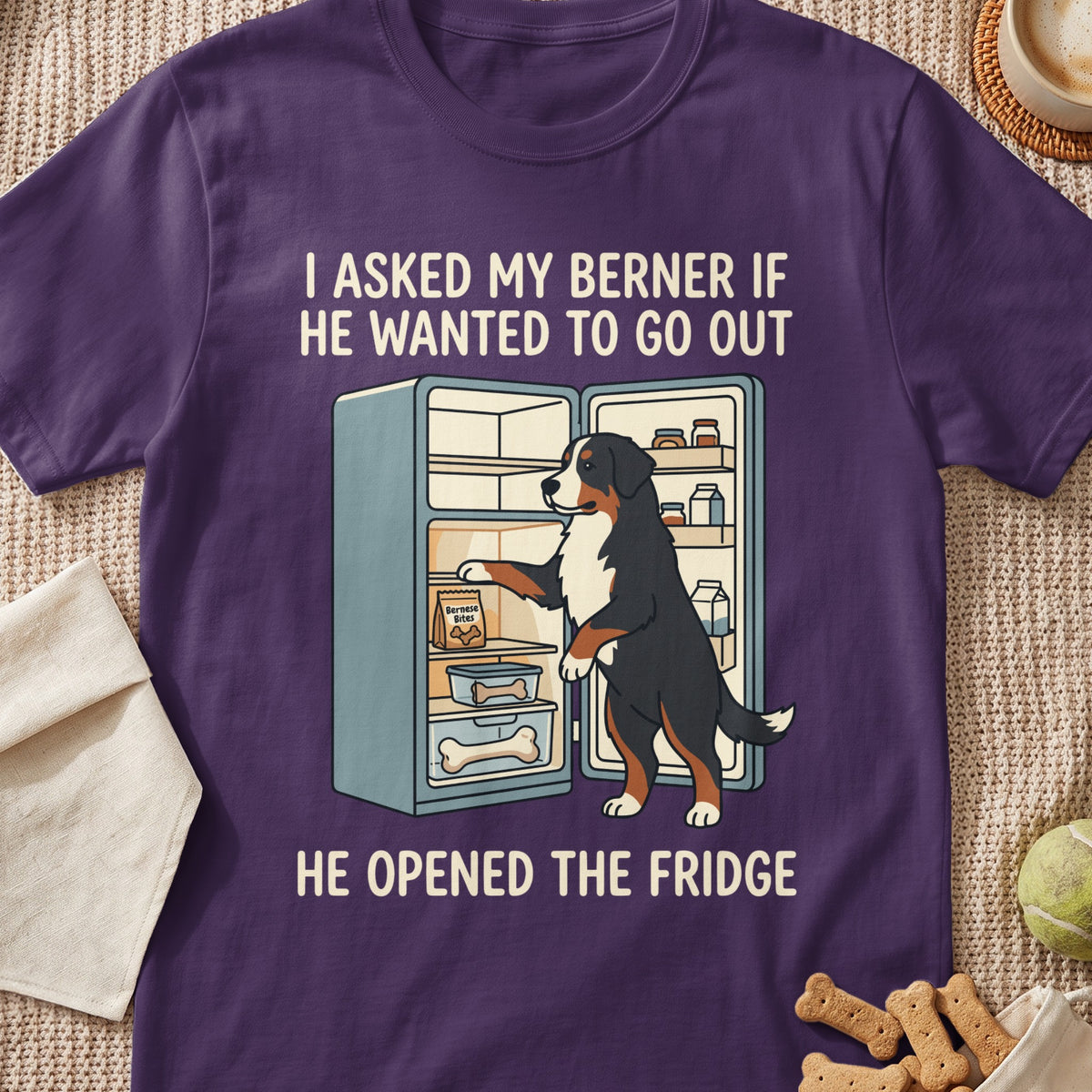 Bernese Mountain Dog opening a fridge with text "I asked my Berner if he wanted to go out. He opened the fridge."