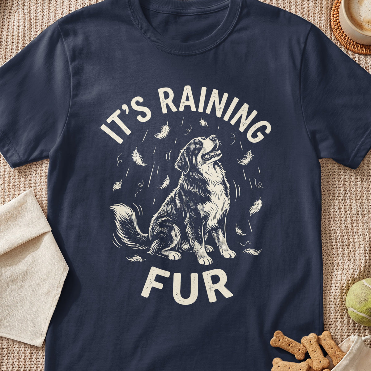 Dark blue t-shirt with "It's Raining Fur" text and a dog graphic.