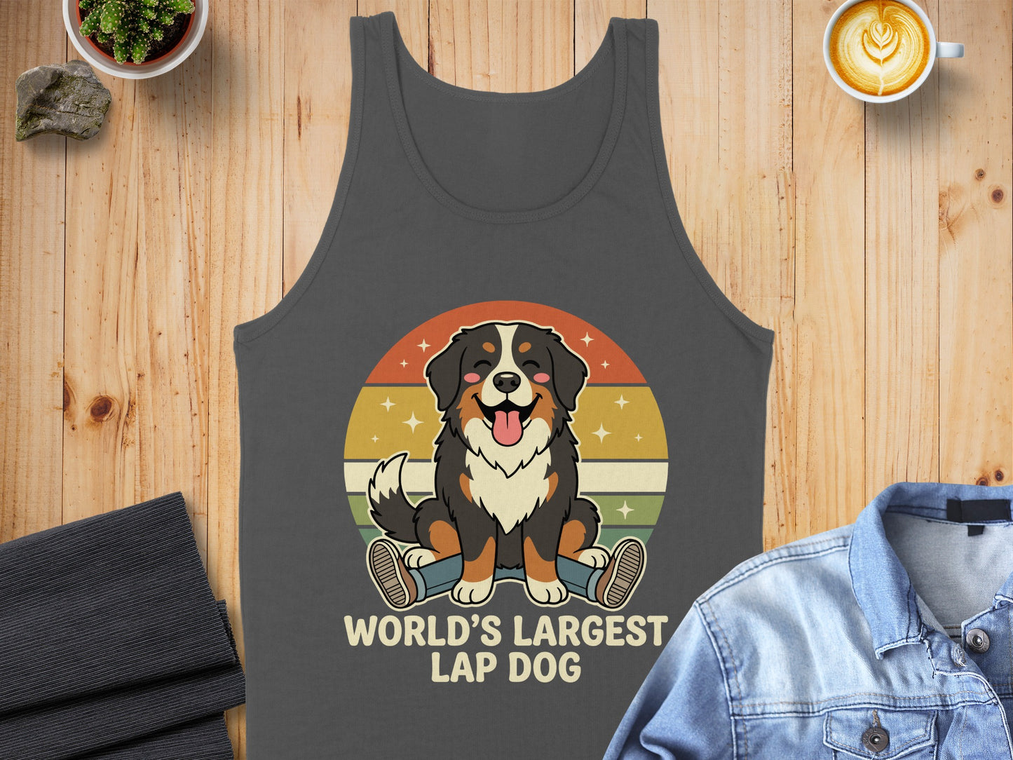 Bernese mountain dog with vintage sunset graphic and "WORLD'S LARGEST LAP DOG" text.