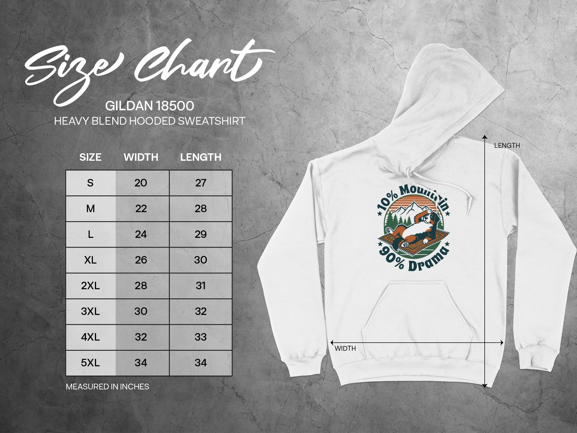 Gildan 18500 Heavy Blend Hooded Sweatshirt size chart with width and length measurements.