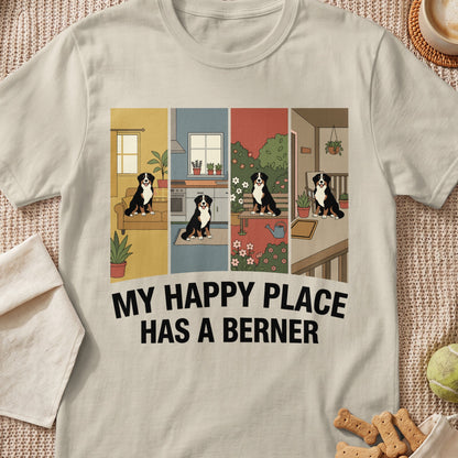 Bernese Mountain Dog in four different home and garden scenes with text "MY HAPPY PLACE HAS A BERNER".