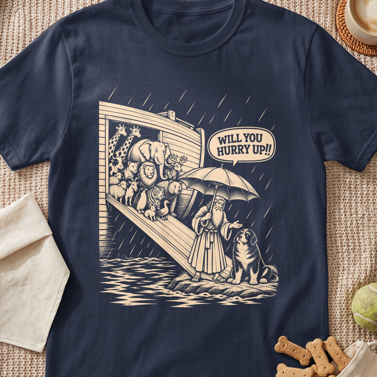 Noah's Ark with animals and man under umbrella, text "WILL YOU HURRY UP!!"