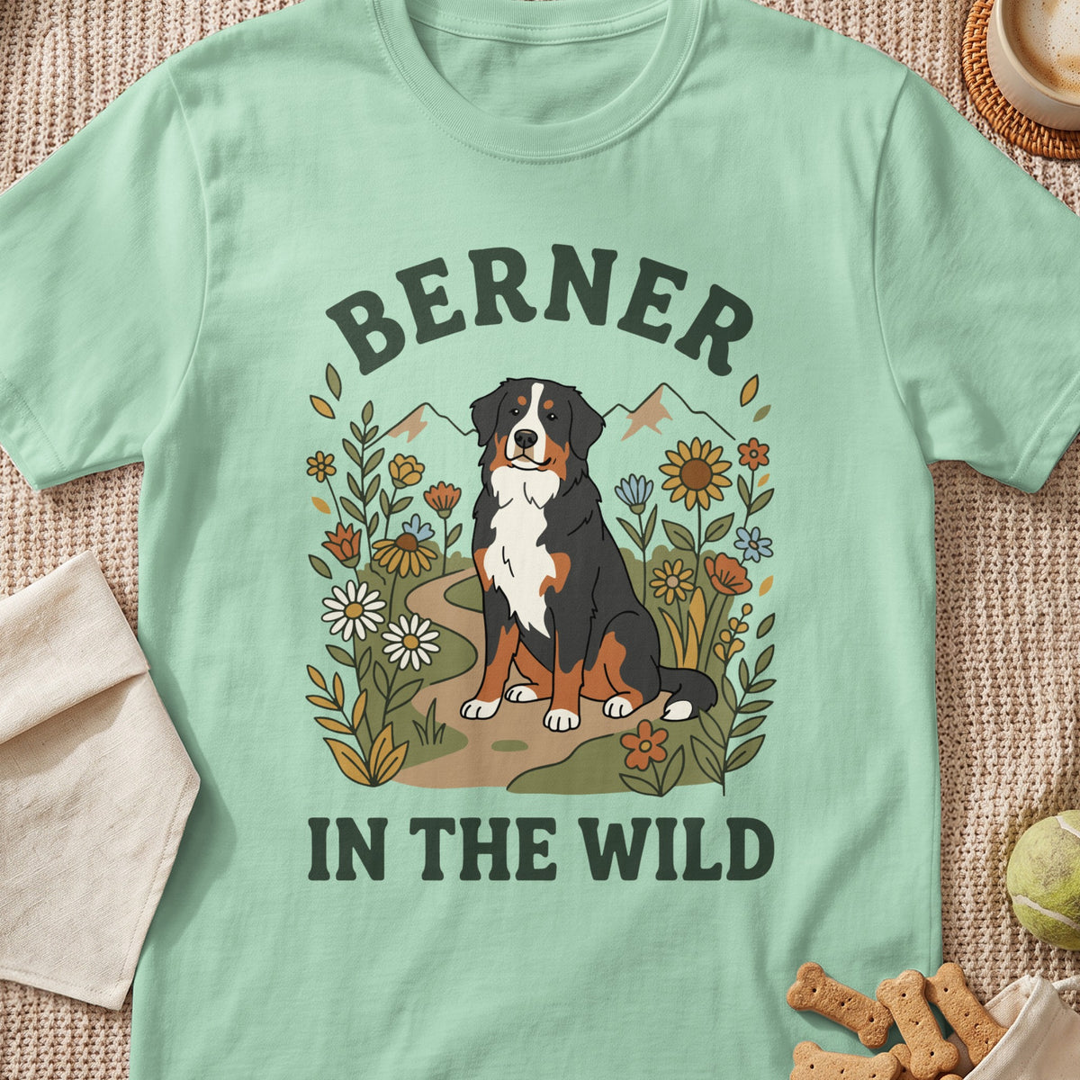 Bernese Mountain Dog graphic with text "BERNER IN THE WILD" surrounded by flowers.