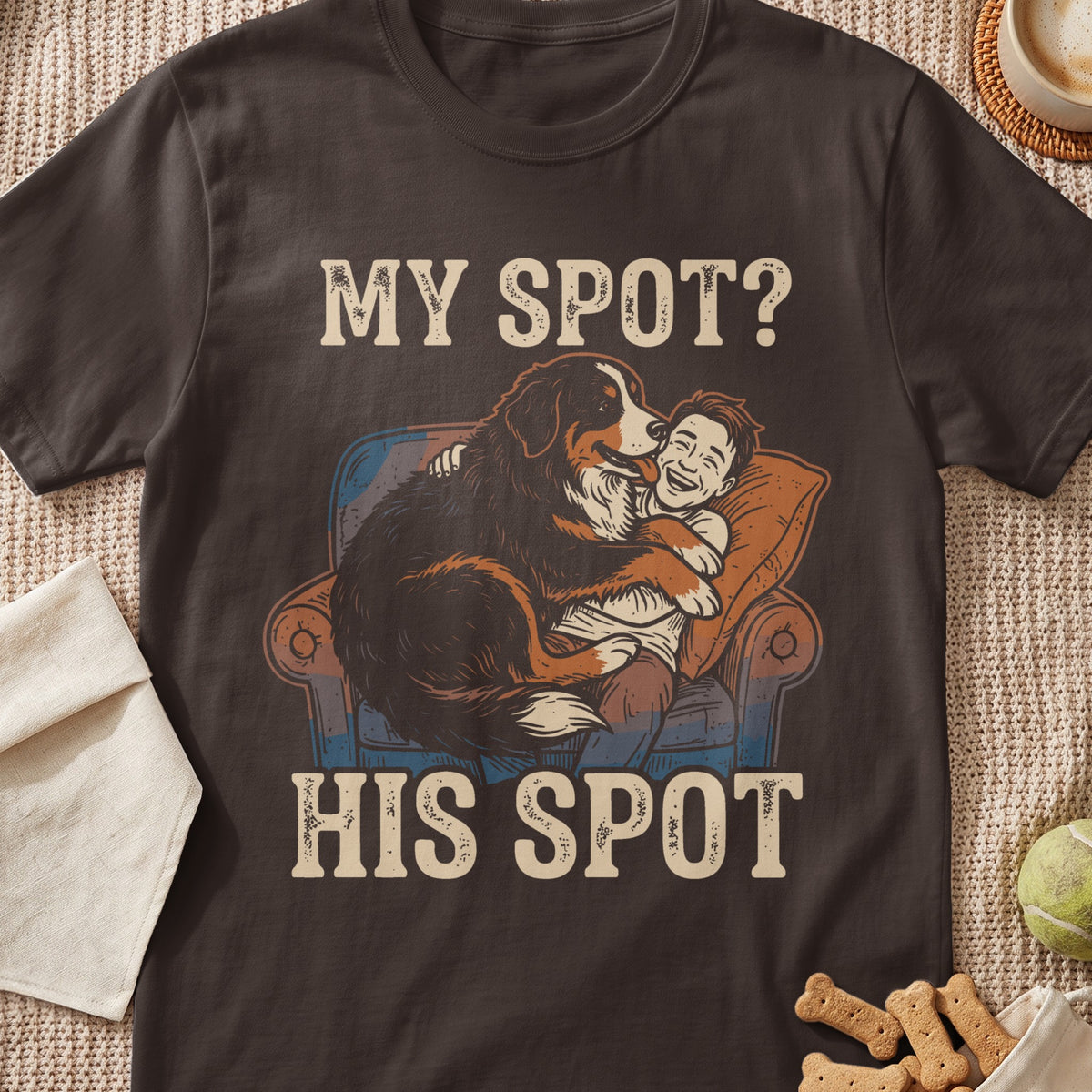 T-shirt with graphic of Bernese Mountain Dog hugging a child and text "MY SPOT? HIS SPOT".