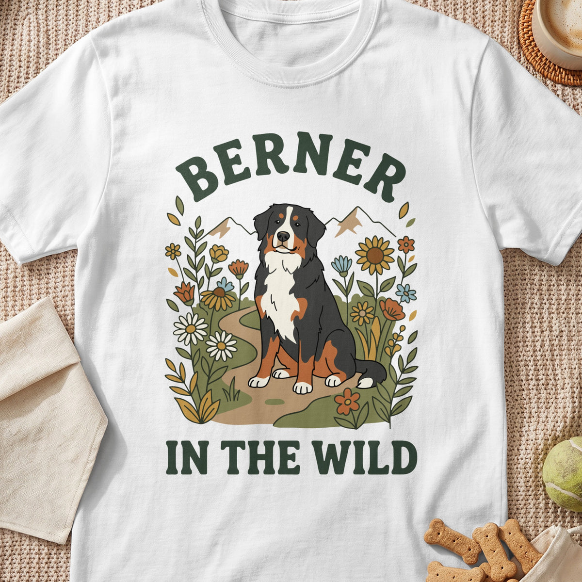 White t-shirt with a Bernese Mountain Dog sitting amongst flowers and text "BERNER IN THE WILD".