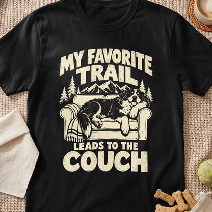 Black t-shirt with graphic "MY FAVORITE TRAIL LEADS TO THE COUCH" and a dog on a couch.