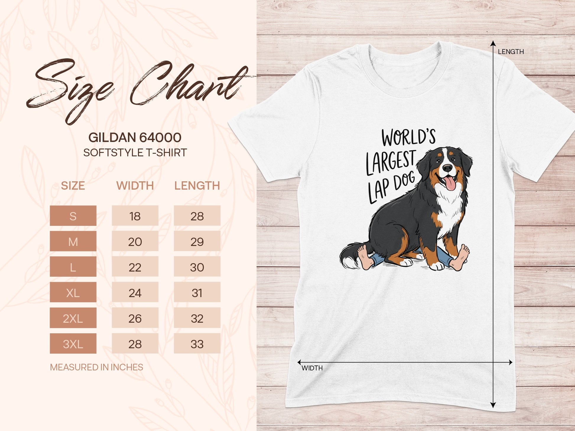 Gildan 64000 softstyle t-shirt size chart with dog graphic.