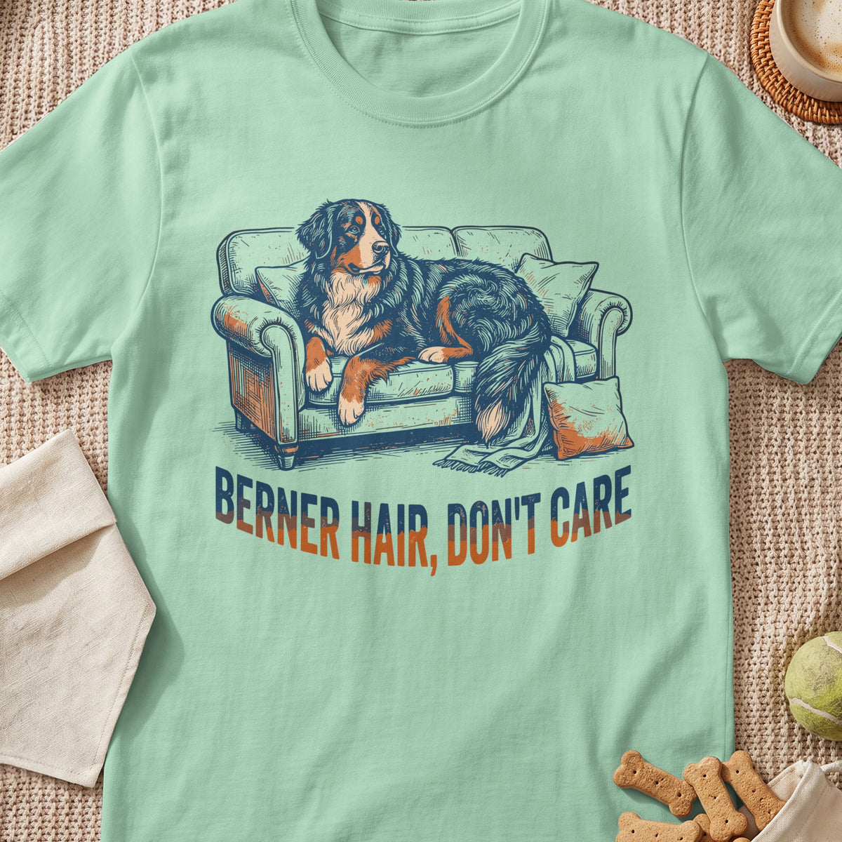 Bernese Mountain Dog lounging on a couch with text "Berner Hair, Don't Care."