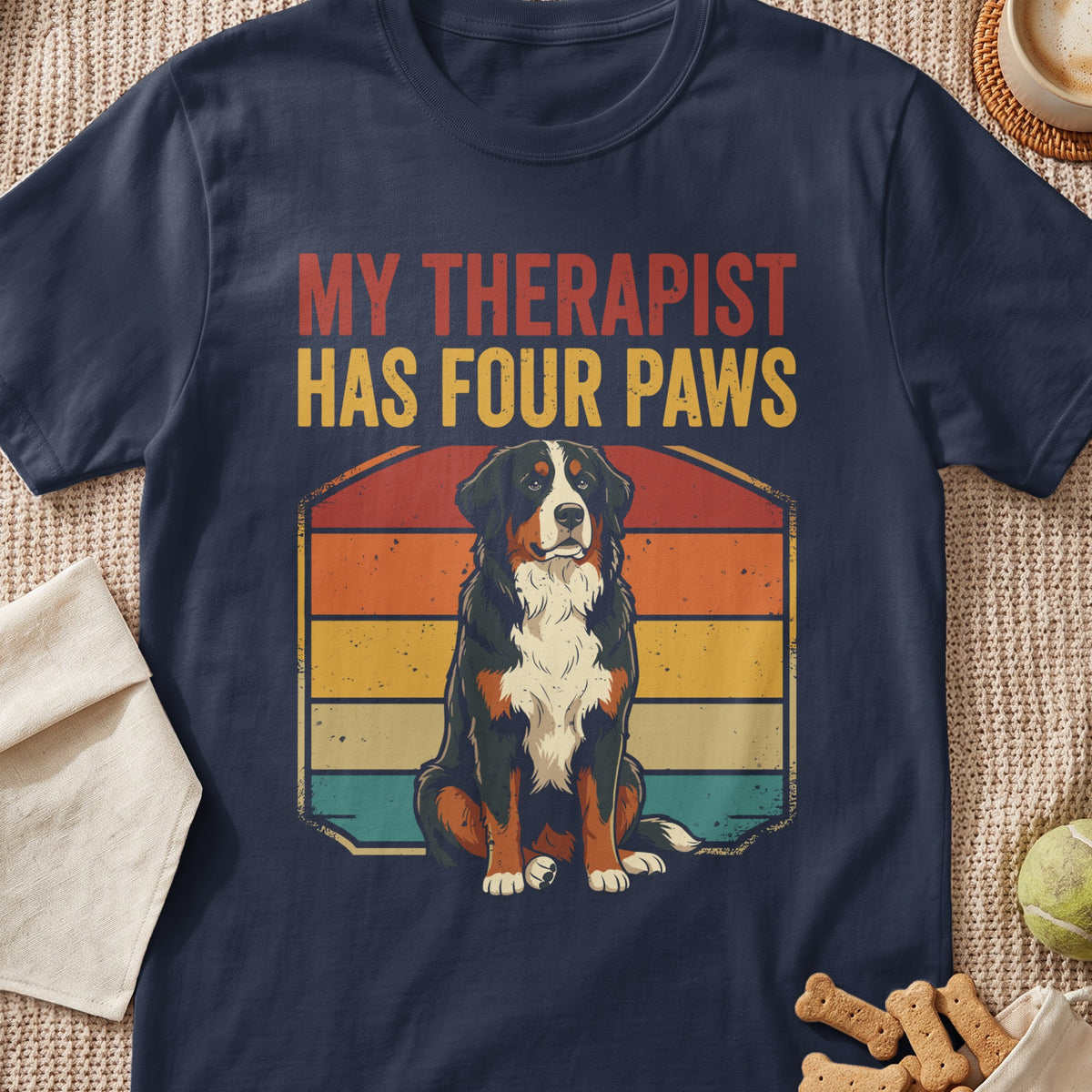 Navy t-shirt with "My Therapist Has Four Paws" and Bernese Mountain Dog graphic.