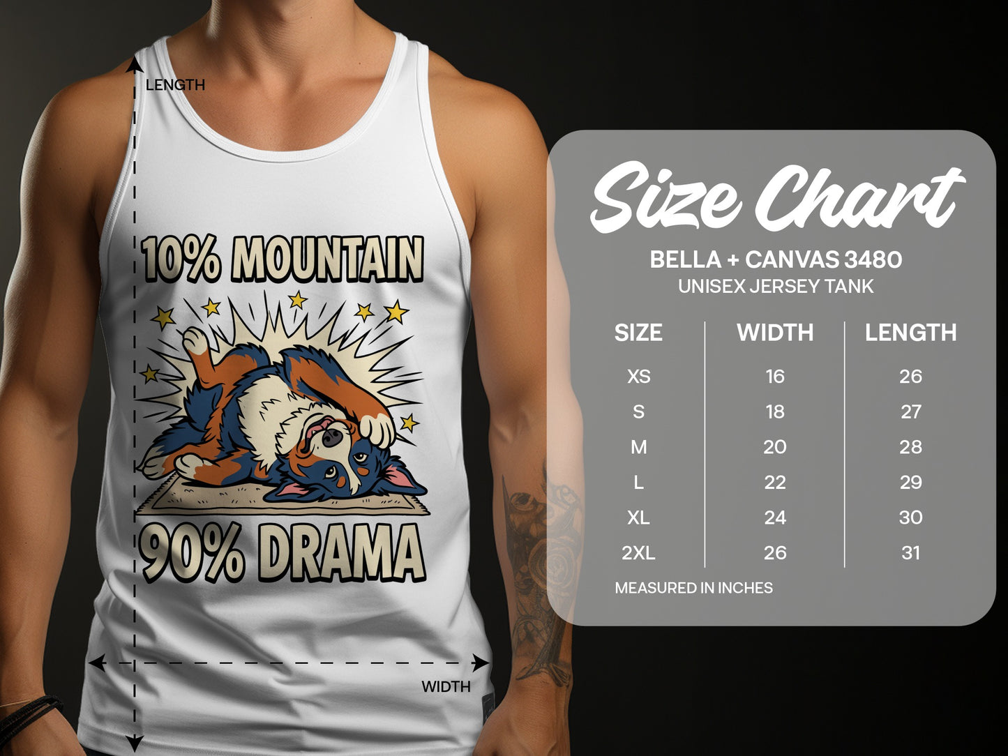 White tank top with "10% MOUNTAIN 90% DRAMA" text and dog graphic, with size chart.