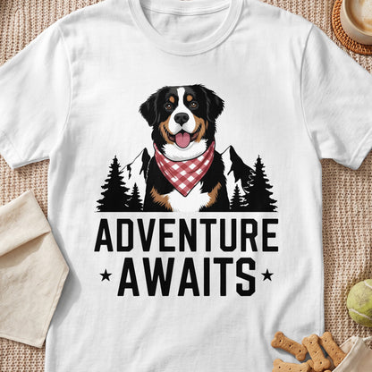 Bernese Mountain Dog wearing bandana, with mountains, trees, and text "Adventure Awaits".