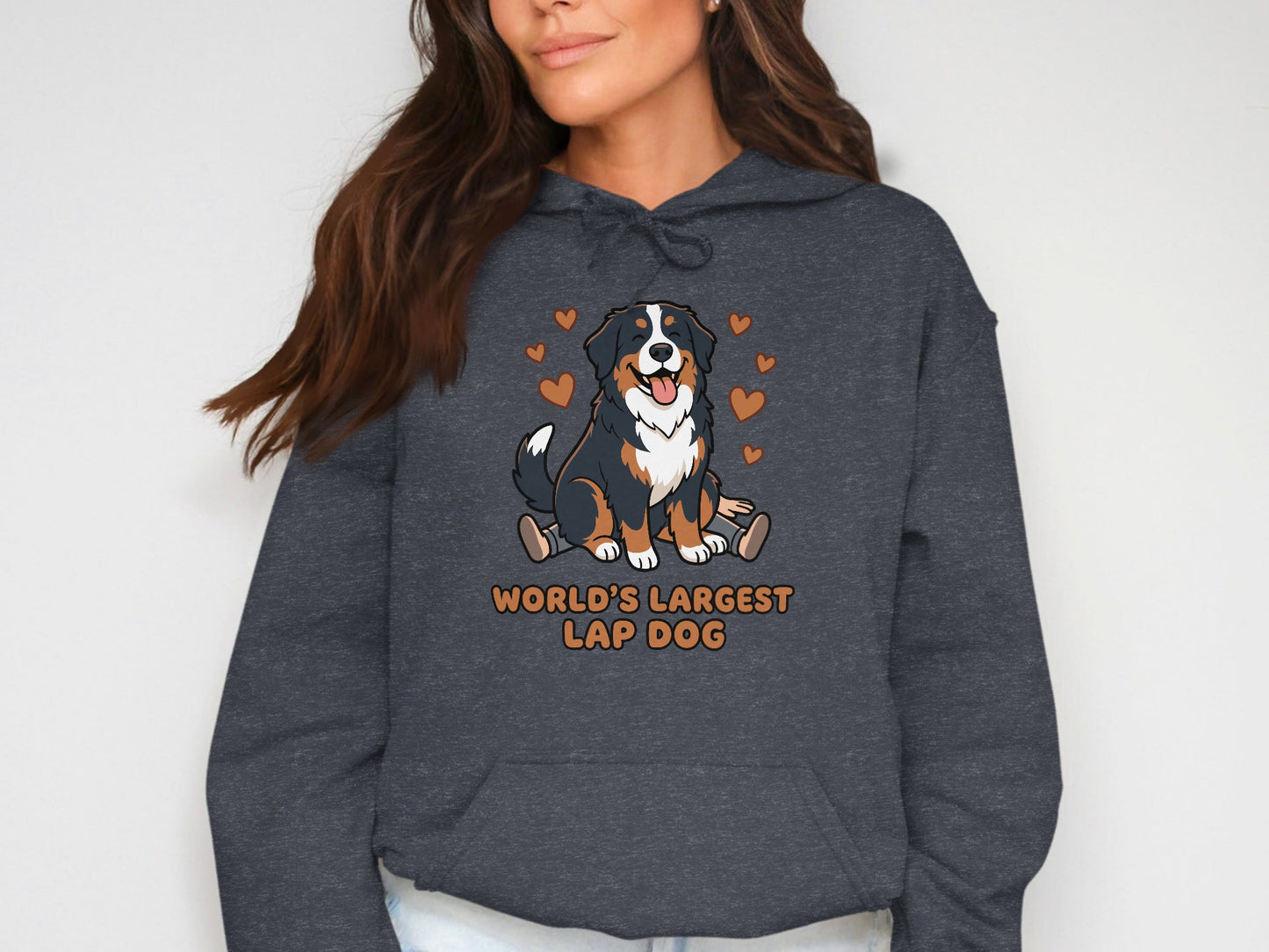 Bernese Mountain Dog graphic with "World's Largest Lap Dog" text on charcoal hoodie.