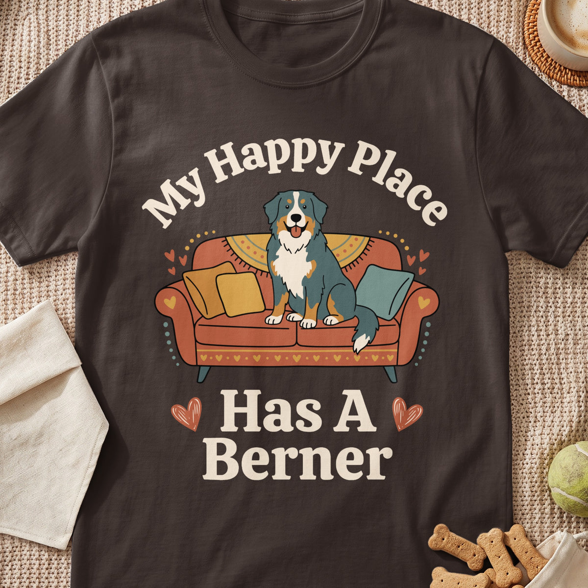 Bernese Mountain Dog on couch with text "My Happy Place Has A Berner"