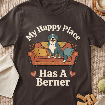 Bernese Mountain Dog on couch with text "My Happy Place Has A Berner"