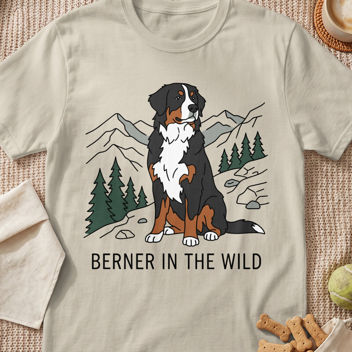 Bernese Mountain Dog sits in a stylized mountain landscape with text "BERNER IN THE WILD."