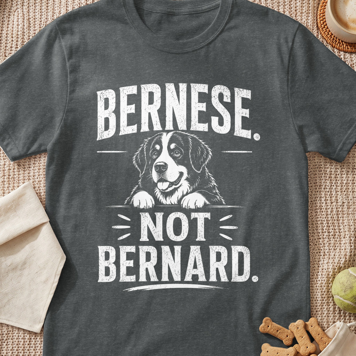 Dark gray t-shirt with "BERNESE. NOT BERNARD." text and Bernese Mountain Dog illustration.