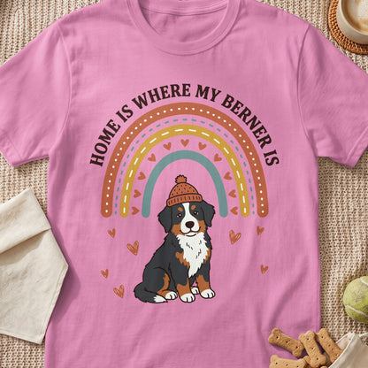 Pink t-shirt with "HOME IS WHERE MY BERNER IS" text, rainbow, and a dog.