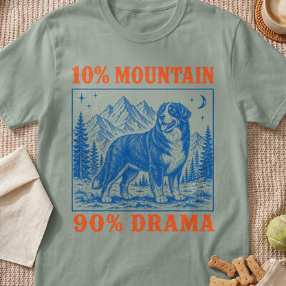 Green t-shirt graphic with "10% MOUNTAIN 90% DRAMA" and a dog in mountains.