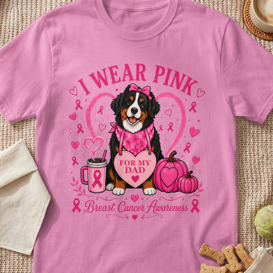 Bernese Mountain Dog wearing pink bandana and heart sign saying "For My Dad", Breast Cancer Awareness.