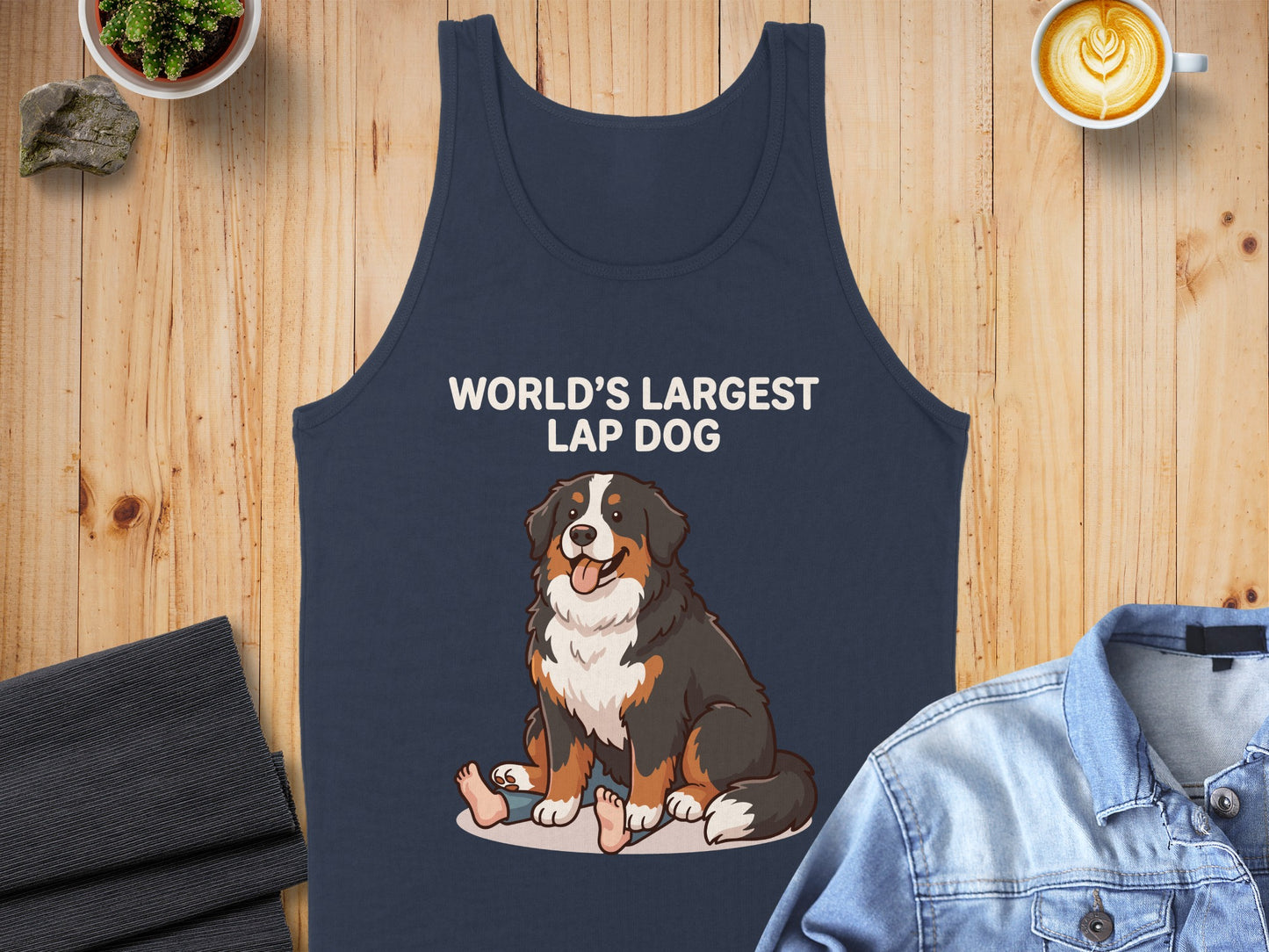 Navy tank top with cartoon Bernese Mountain Dog sitting on lap and text "World's Largest Lap Dog".