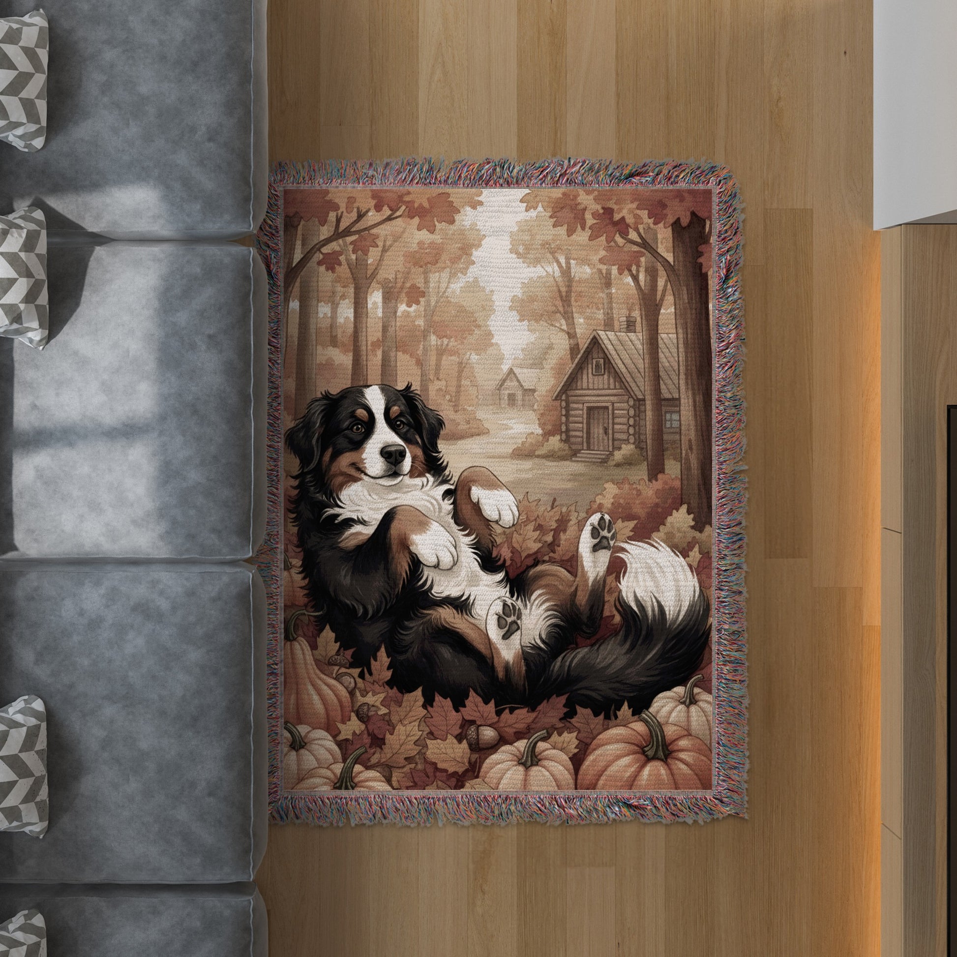 Cozy Autumn Scene with Dog and Pumpkins Rug