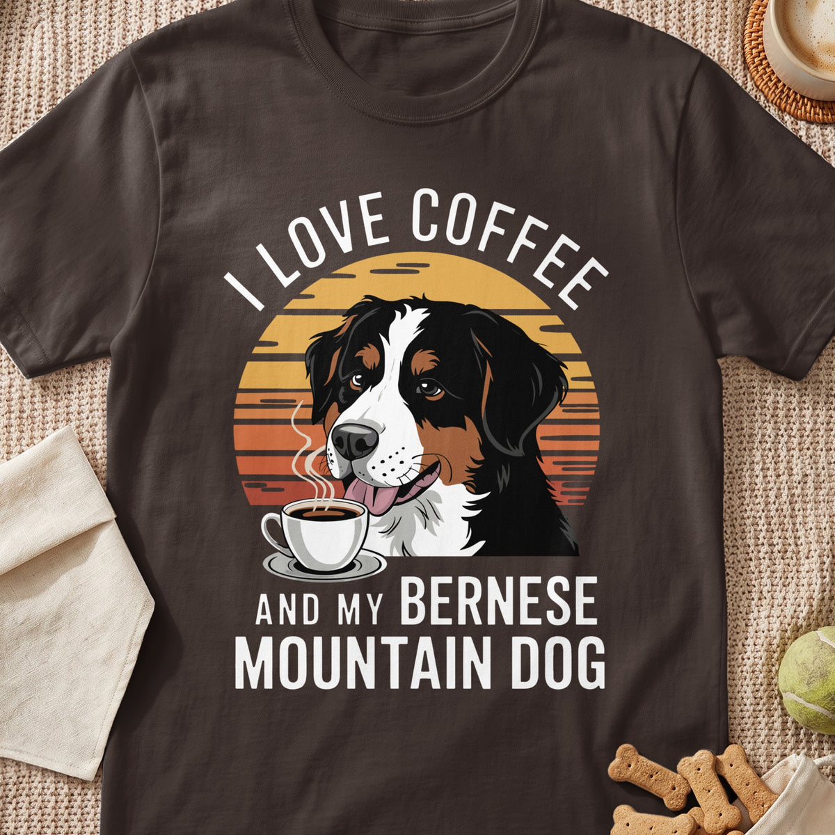 Bernese Mountain Dog with coffee cup and text "I Love Coffee and My Bernese Mountain Dog".